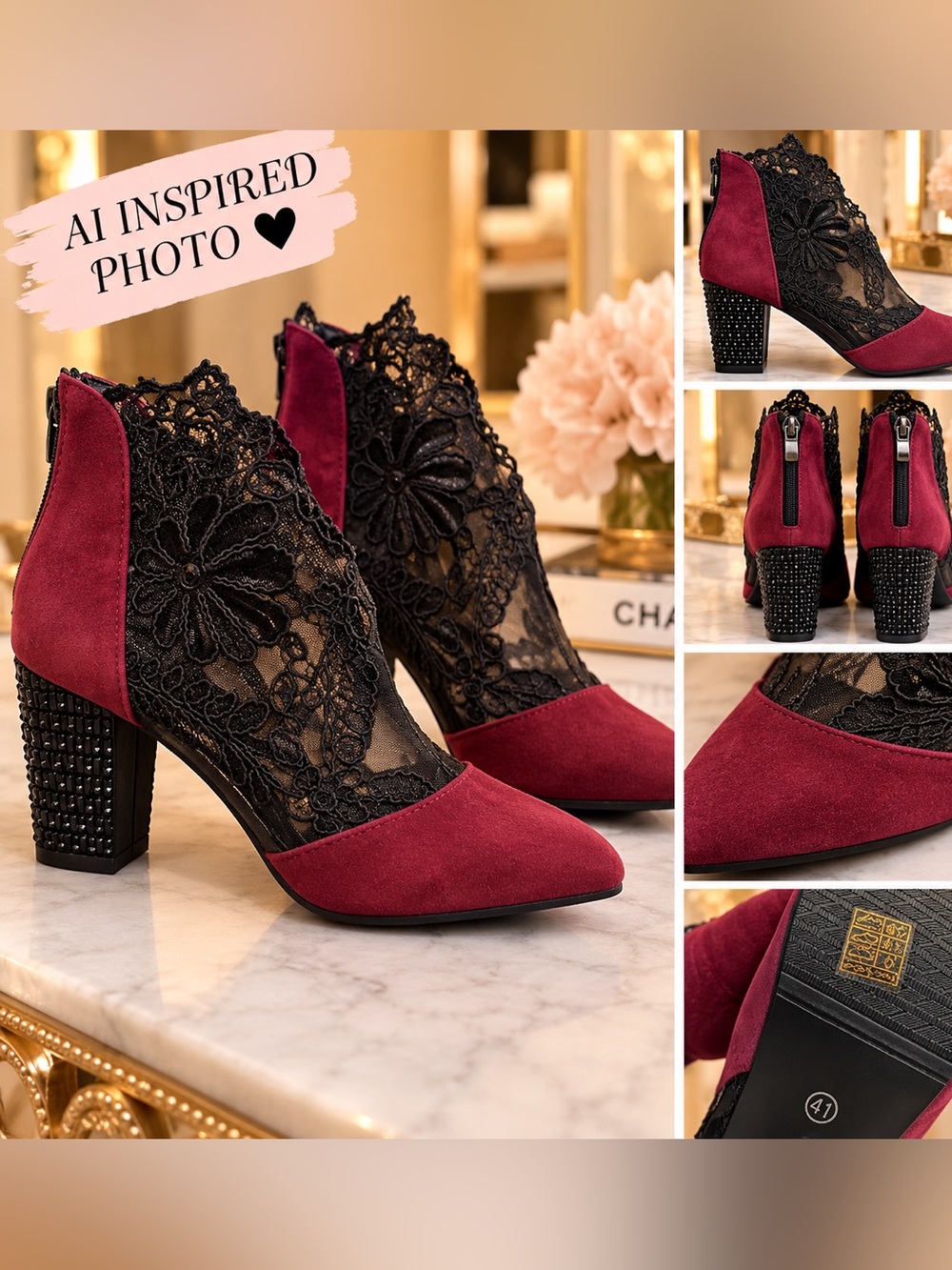 Burgundy & Black Lace Ankle Boots | Embellished Block Heel | EU 41